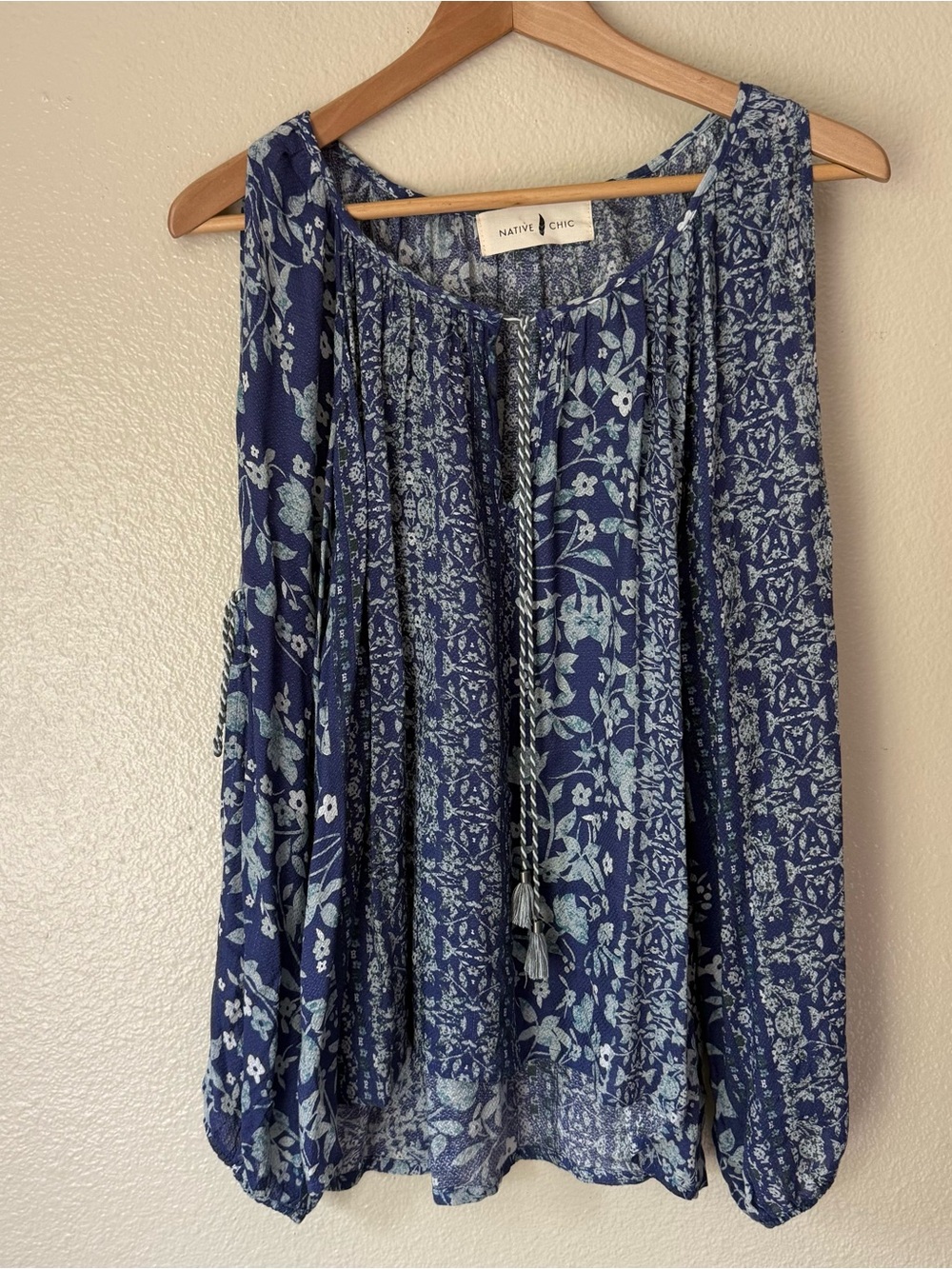 Native Chic Navy Floral Boho Tassel Top